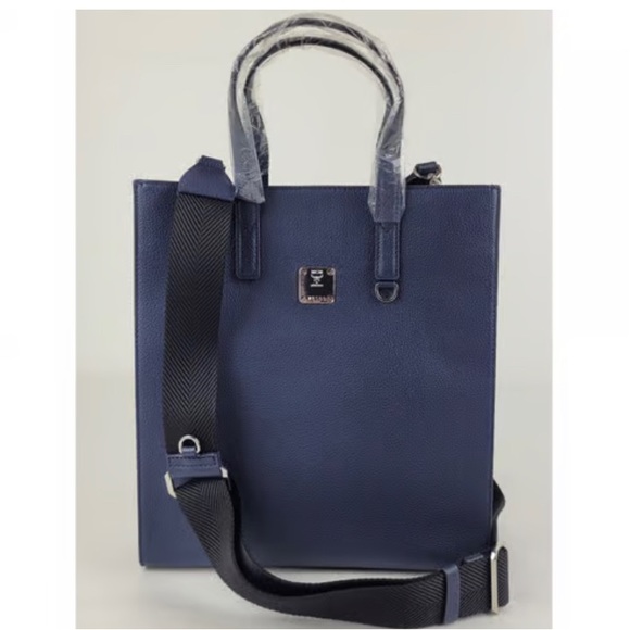 MCM Navy Leather Messenger Tote Bag with Camo Print - Picture 2 of 12